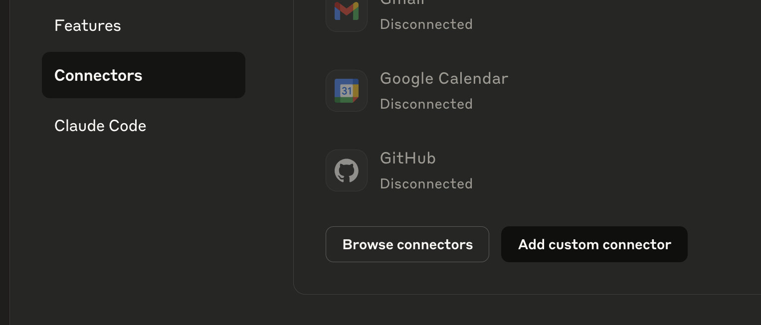 The connectors category in Claude with "Add Custom Connector" hovered over